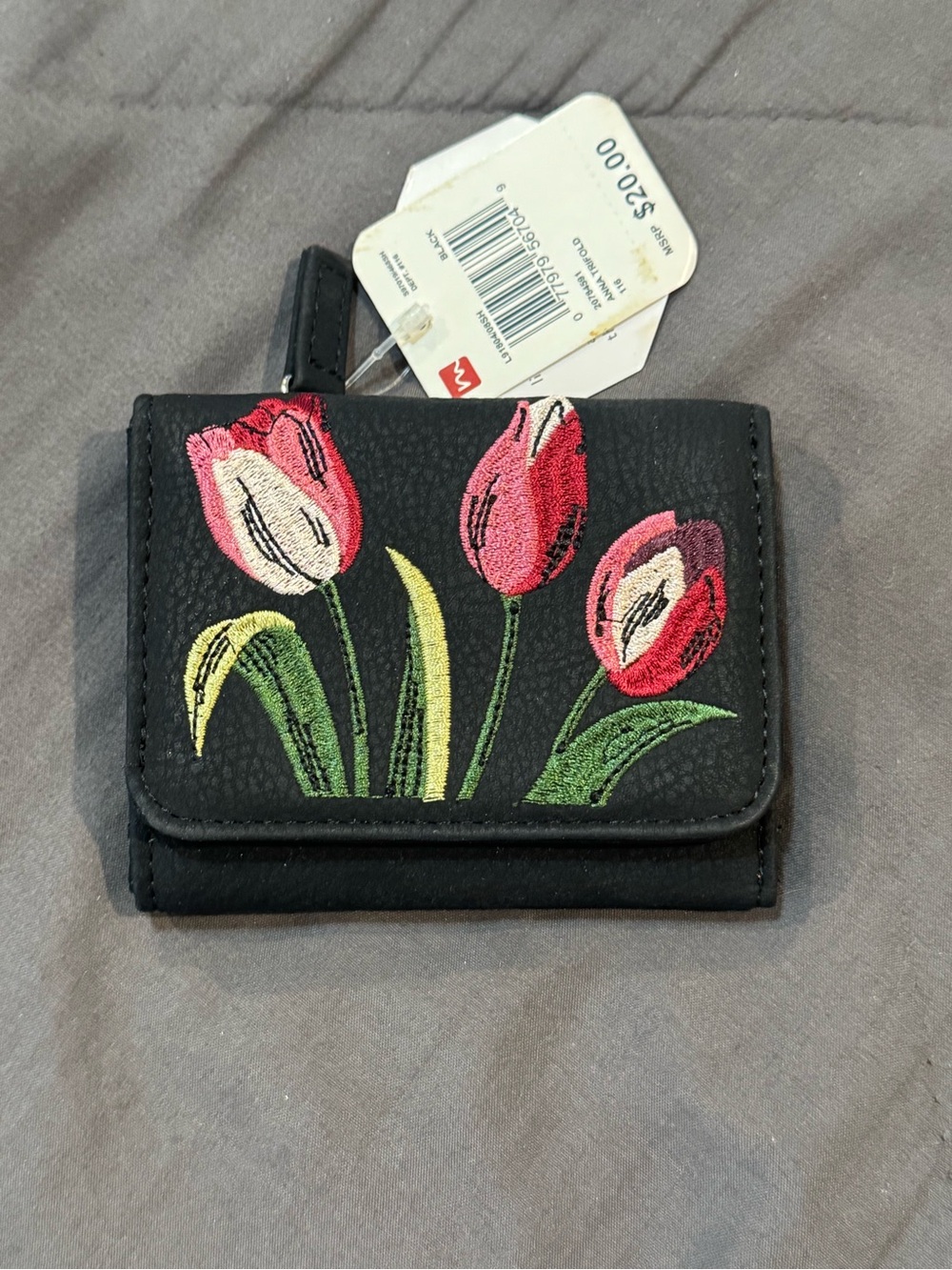 mundi black trifold RFID wallet with Pink & Red Tulip Embroidery